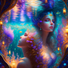 Illustration of two ethereal women in ornate headpieces in a coral underwater scene.