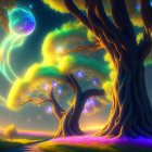 Fantasy landscape with majestic tree, luminous trees, starry sky, and flower-covered path