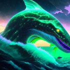 Glowing neon green whale in purple fantasy sea