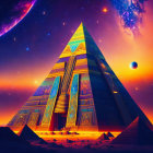 Futuristic pyramid with glowing patterns under starry sky, planets, galaxy, desert landscape