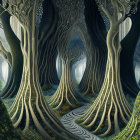 Mystical forest with twisted trees and winding path