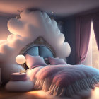 Whimsical bedroom with cloud-like bed canopy, fluffy pink bedding, cat, elegant drapes,