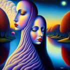 Surreal painting of intertwined female figures in night sky landscape