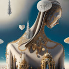 Surreal humanoid figure with architectural elements in desert landscape.