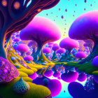 Fantastical landscape with purple and pink foliage and floating orbs.