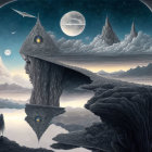 Surreal landscape with cosmic elements, floating islands, distant planet, castles, and ethereal