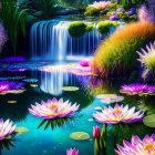 Tranquil pond with luminous water lilies and cascading waterfall