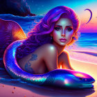 Luminescent winged fairy with violet hair by the sea at twilight