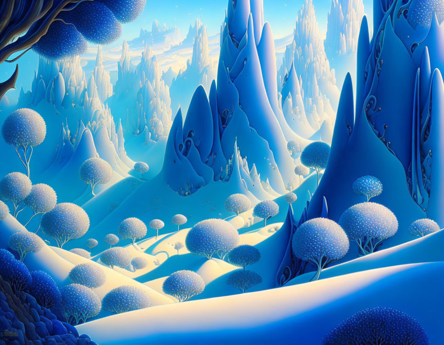 Fantastical landscape with blue and white hues and icy spires.