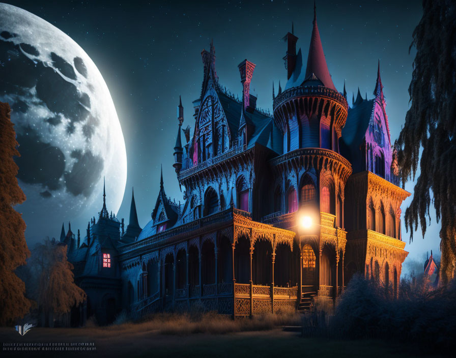 Gothic-style mansion with intricate architecture illuminated by full moon