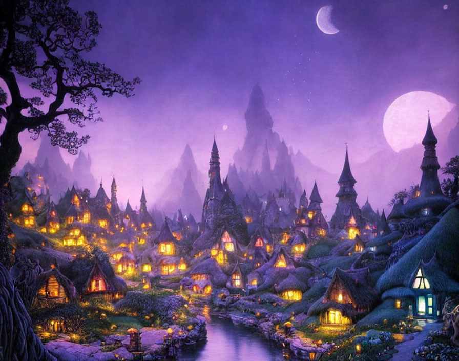 Moonlit fantasy village with thatched-roof cottages and towering spires.