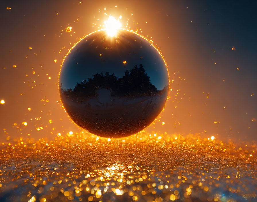 Shimmering crystal ball with wintry scene on golden backdrop