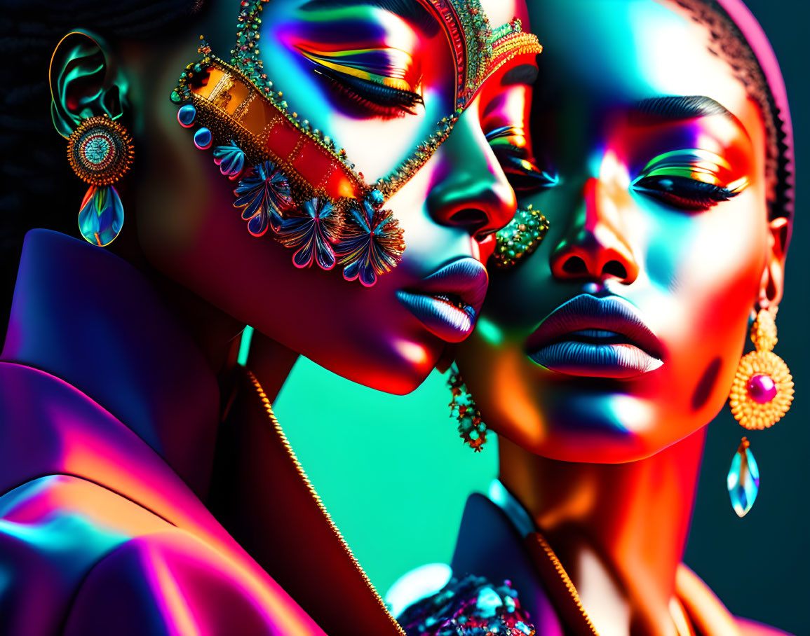Vibrant makeup and gold jewelry on two women against colorful backdrop