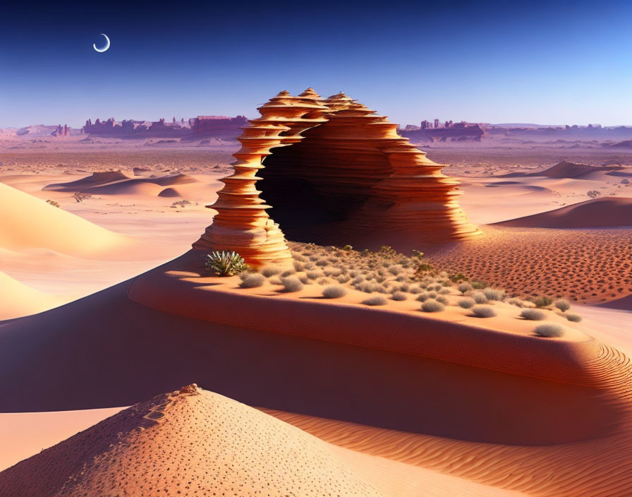 Surreal desert landscape with spiral rock formation and crescent moon