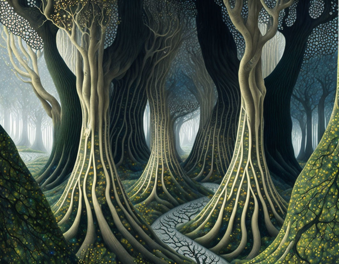 Mystical forest with twisted trees and winding path