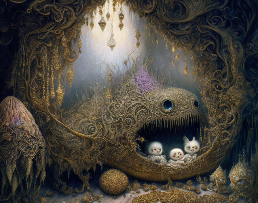 Ornate fantastical creature shelters small beings in mystical setting