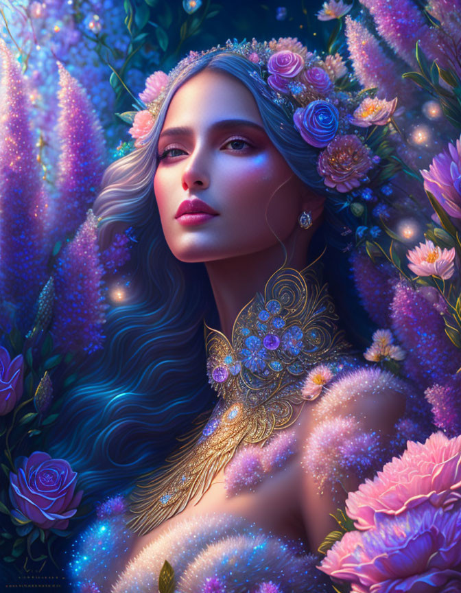 Woman with flowing hair and golden shoulder piece surrounded by vibrant roses in dreamlike setting.