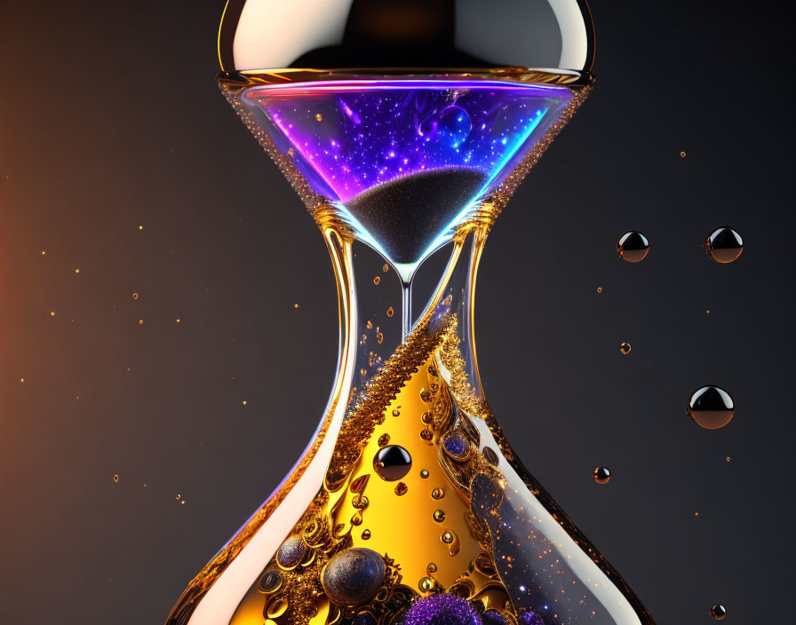 Hourglass with swirling galaxies and golden bubbles on dark background symbolizing cosmic time and space.