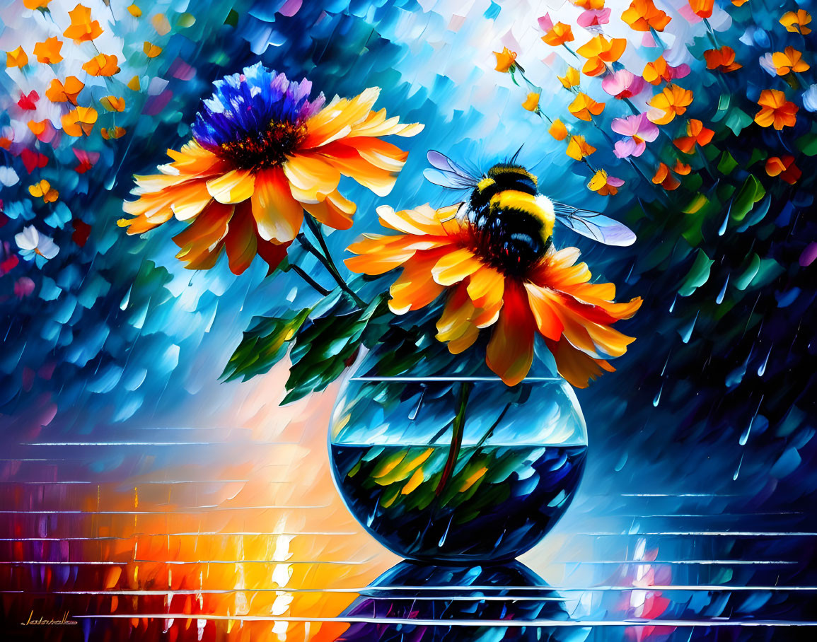 Colorful painting of two flowers in a vase with a bumblebee on vibrant background
