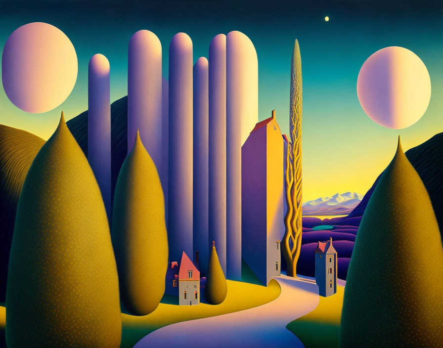 Stylized landscape with elongated trees and moons