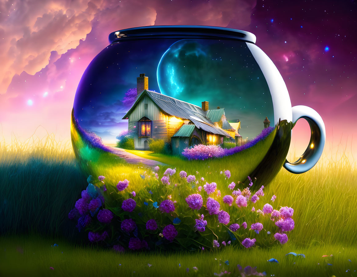 Whimsical artwork: Cozy cottage in coffee cup on surreal landscape