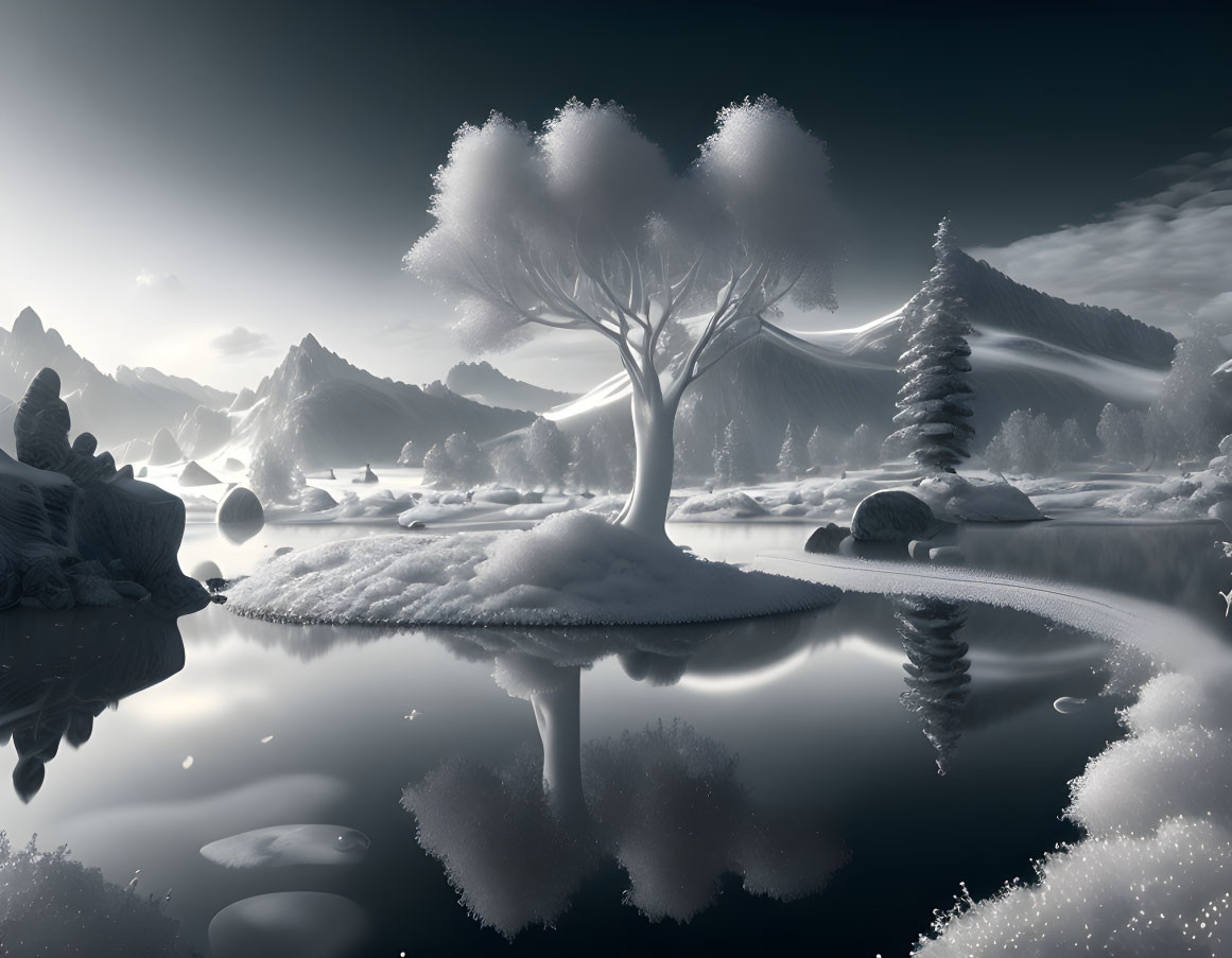 Heart-shaped tree in monochrome winter landscape with snowy mountains and lake.
