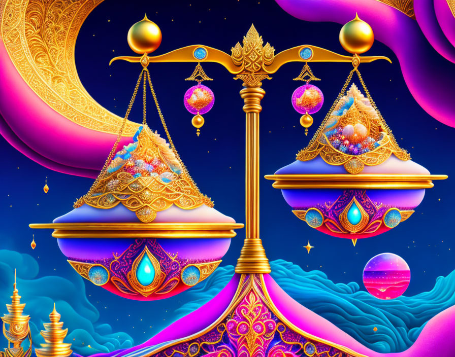 Colorful fantasy artwork: balanced scale, moons, ornate elements, floating islands, intricate details,