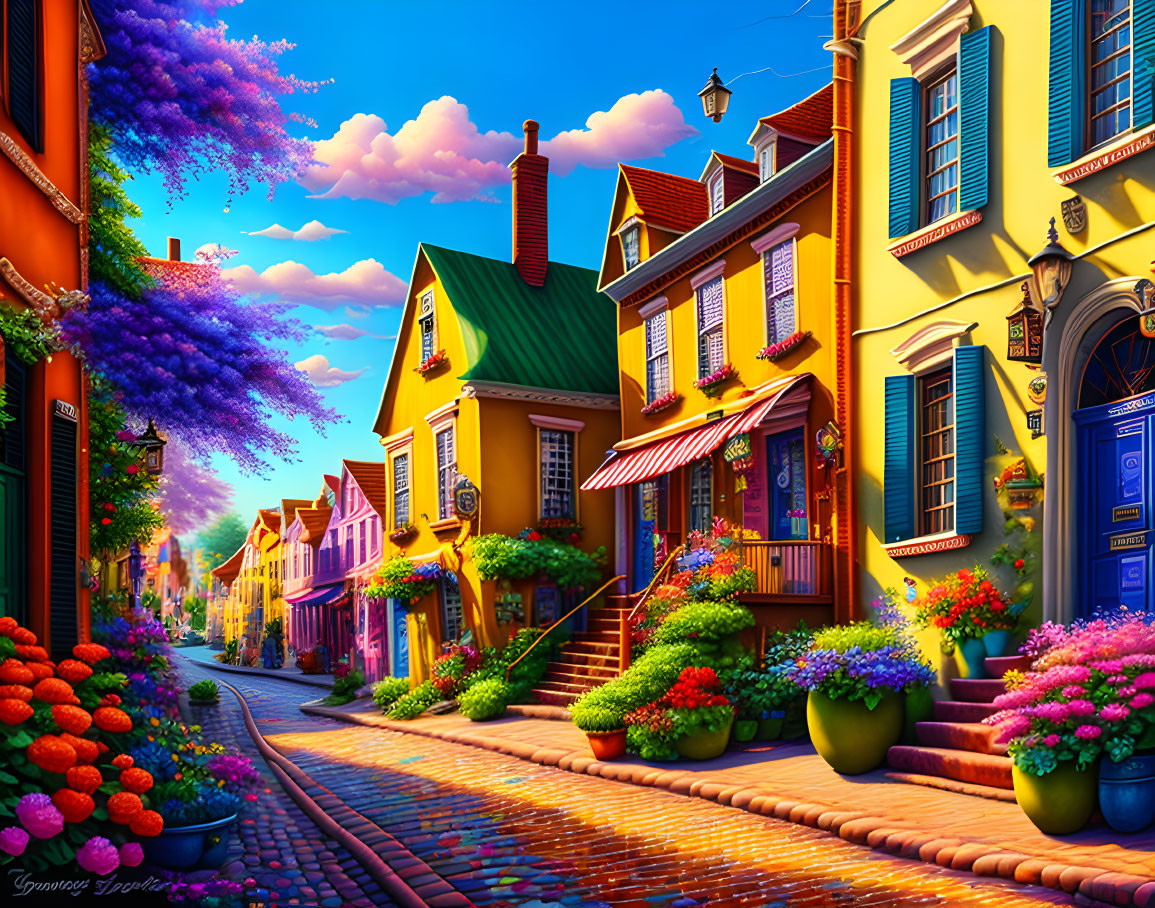 Colorful cobblestone street with vibrant houses, blooming flowers, and purple trees.