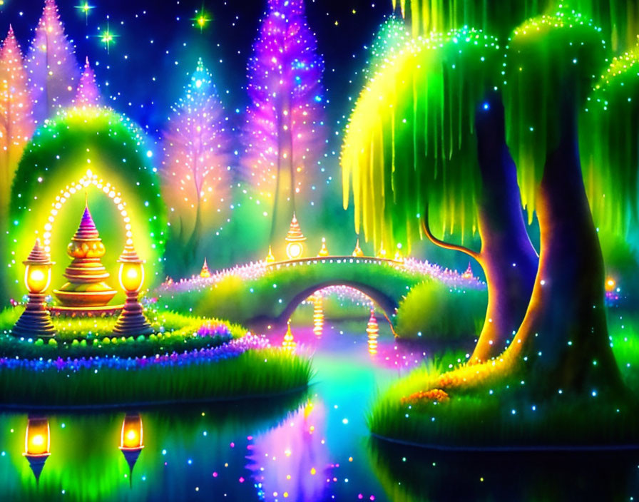 Fantasy landscape with glowing trees, starry sky, illuminated paths, bridge, lanterns