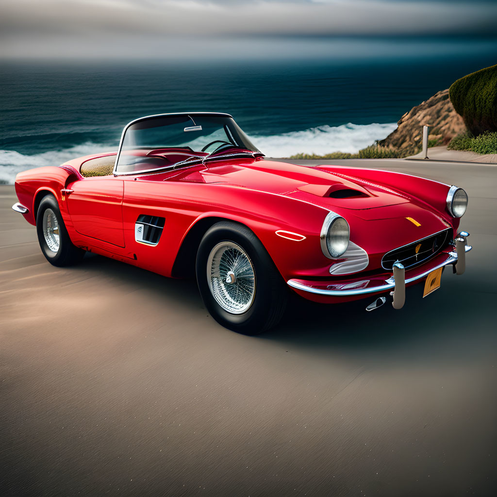 Red Ferrari Convertible on Coastal Road with Ocean and Cloudy Sky