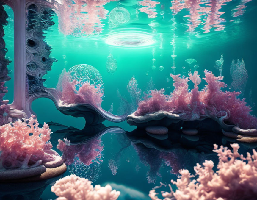 Surreal underwater landscape with pink coral formations and floating orbs
