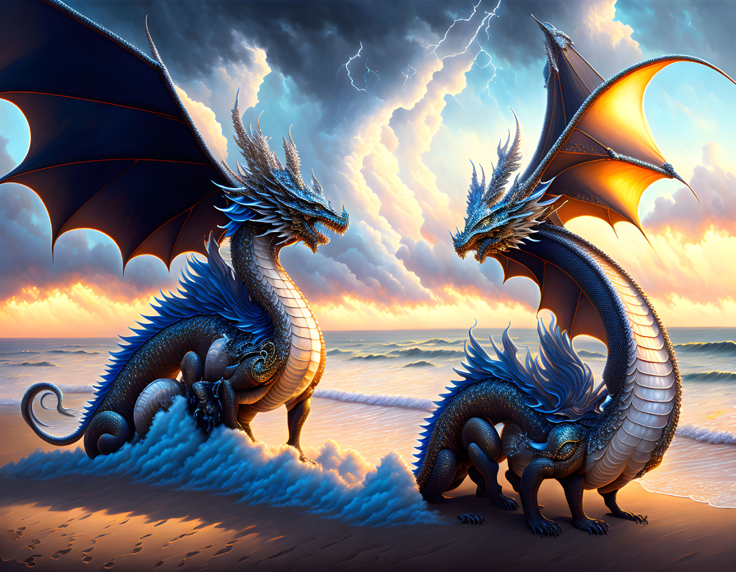 Three Majestic Dragons with Blue and Silver Scales on Beach with Lightning in Sky