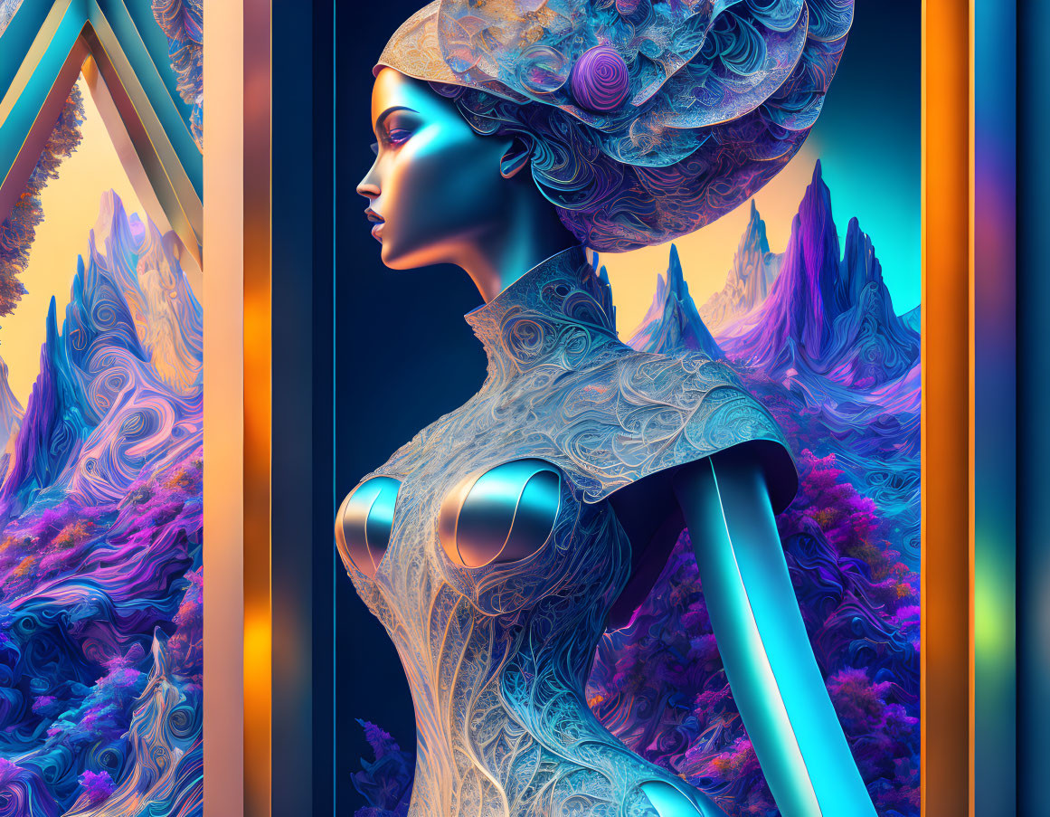 Futuristic woman with metallic features in neon-colored landscape