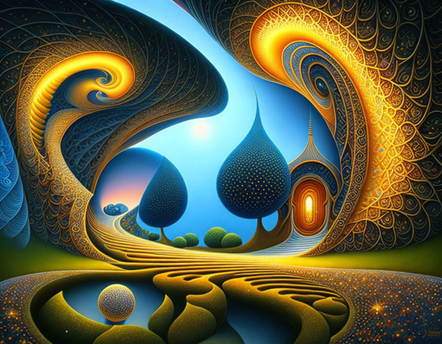 Colorful surreal landscape with stylized waves, teardrop shapes, hills, and ornate doorway
