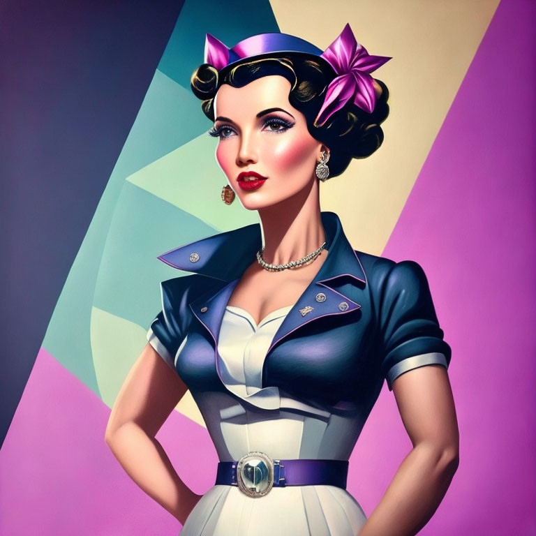 Stylized illustration of woman in vintage attire on colorful geometric backdrop