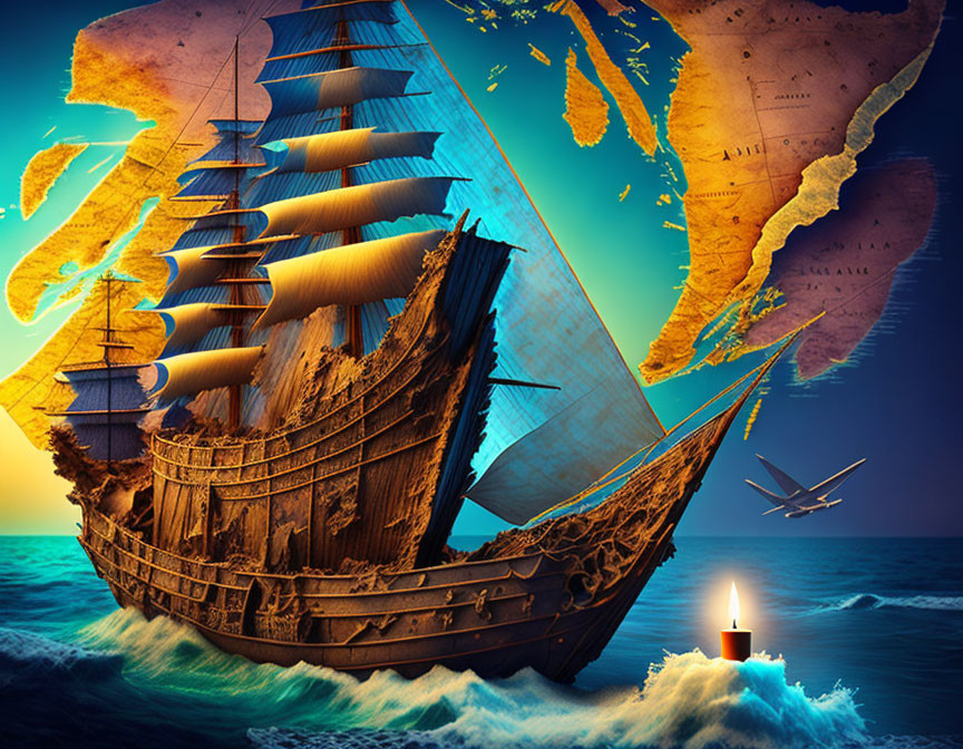 Vintage world map with old sailing ship, candle, seagull, and twilight sky