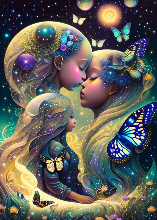 Whimsical illustration of two female figures with celestial hair and butterflies under starry sky