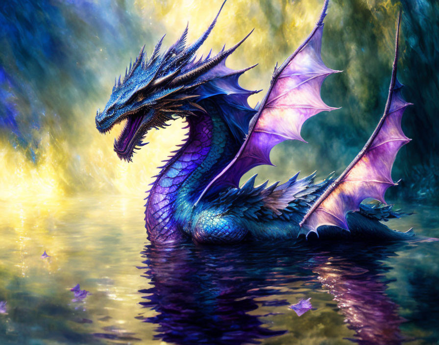 Majestic blue and purple dragon by water's edge with radiant wings
