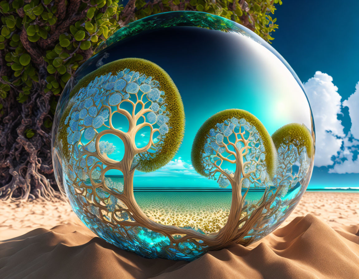 Surreal image of glossy sphere with intricate trees on beach