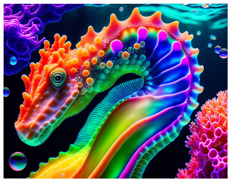 Colorful Digital Artwork: Vibrant Seahorse with Glowing Hues and Coral Structures