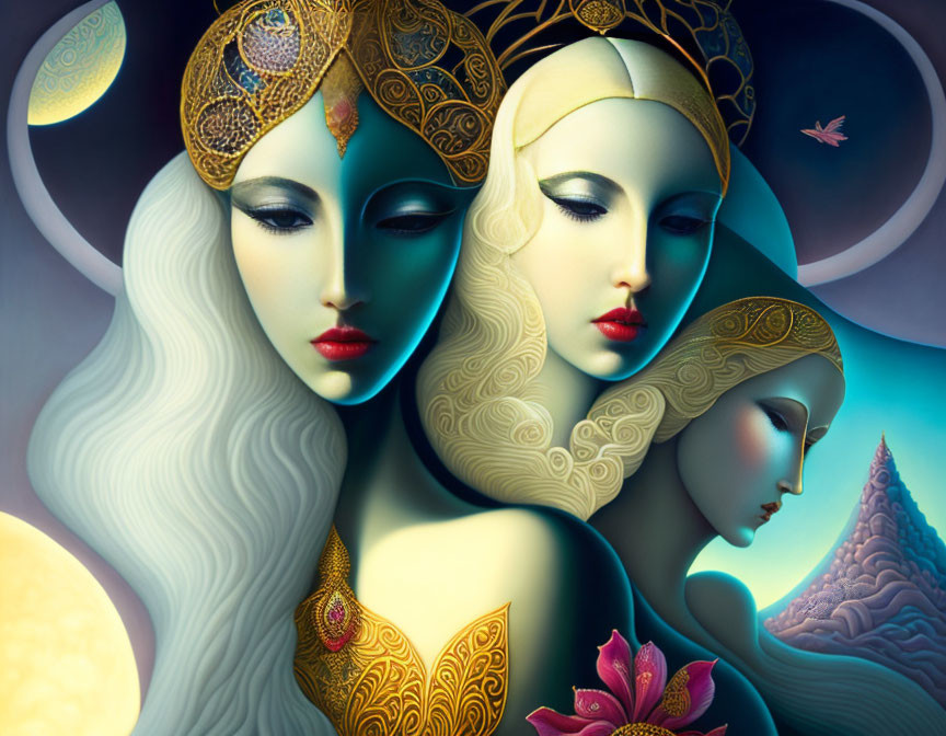 Stylized female figures with elaborate headdresses against celestial background