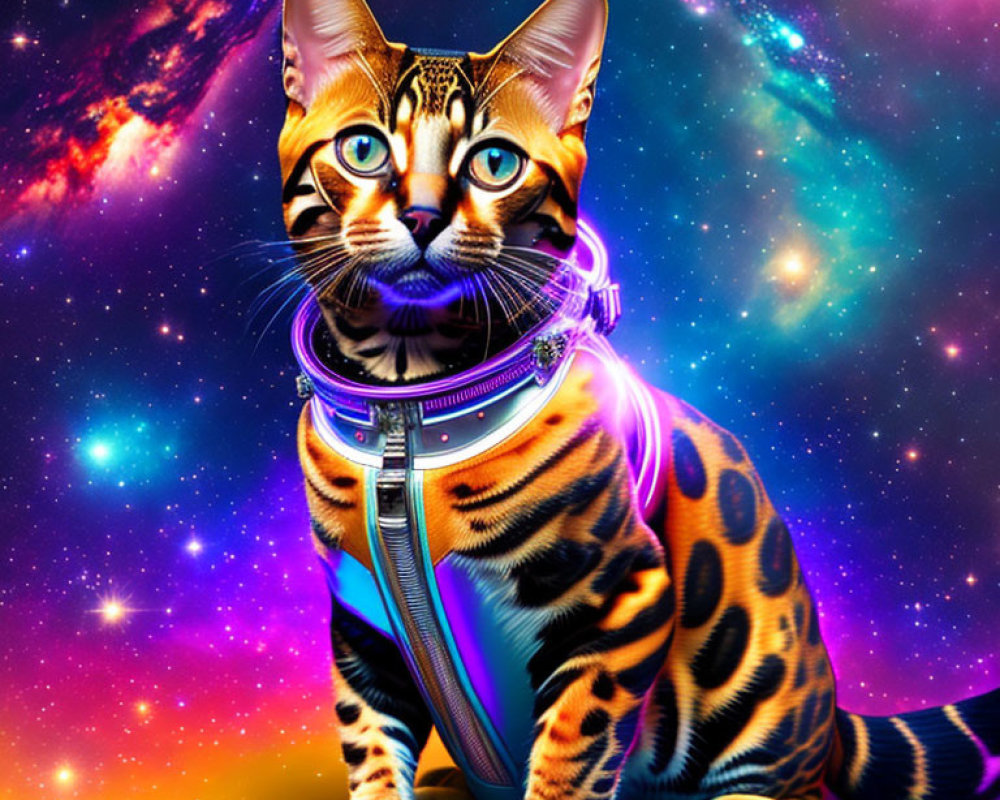 Colorful Cat in Futuristic Cosmic Setting with Starry Space Background