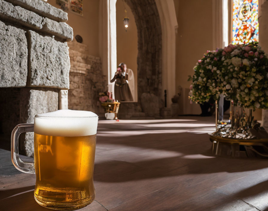 Beer mug with frothy head in stone pillar room with stained glass windows and photographer.