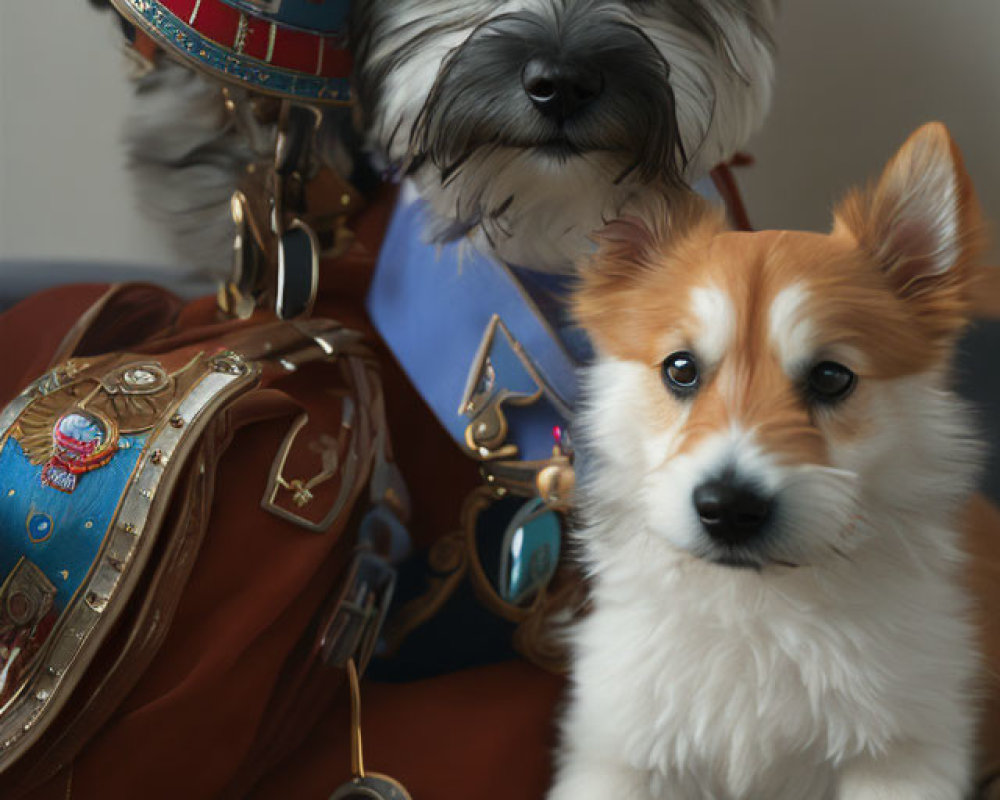 Two Dogs Wearing Blue Hat and Brown Bag Pose Together