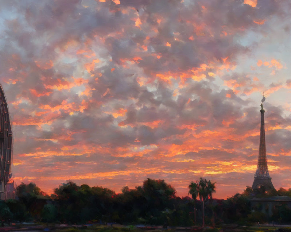 Parisian skyline sunrise with Eiffel Tower silhouette and Ferris wheel in orange-pink hues