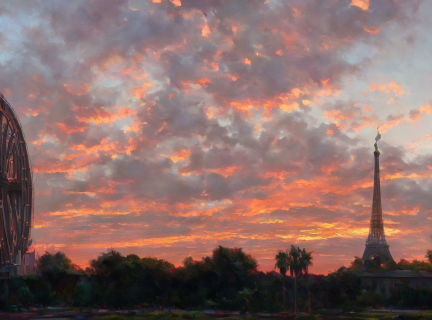 Parisian skyline sunrise with Eiffel Tower silhouette and Ferris wheel in orange-pink hues