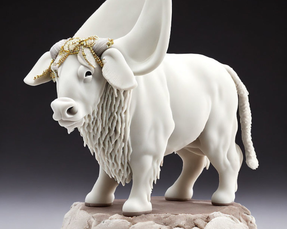 Porcelain figurine of majestic white bull with gold and jewel headgear