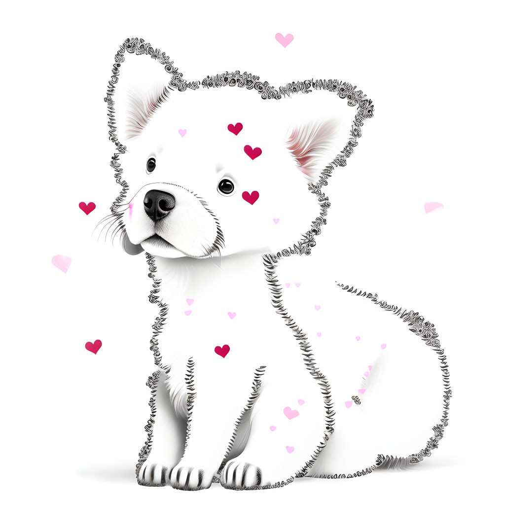 White Puppy with Heart-Patterned Coat Surrounded by Pink Hearts