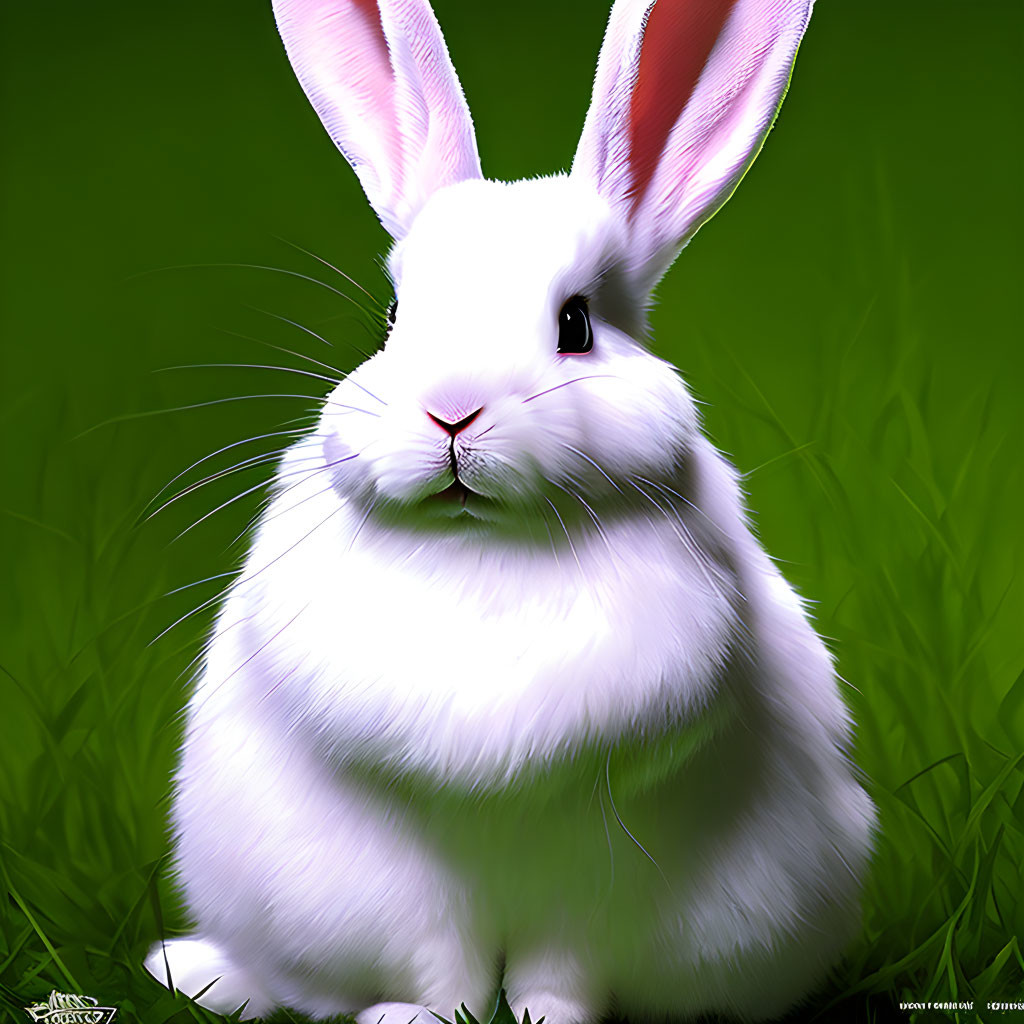 White Rabbit with Pink Nose Sitting in Green Field