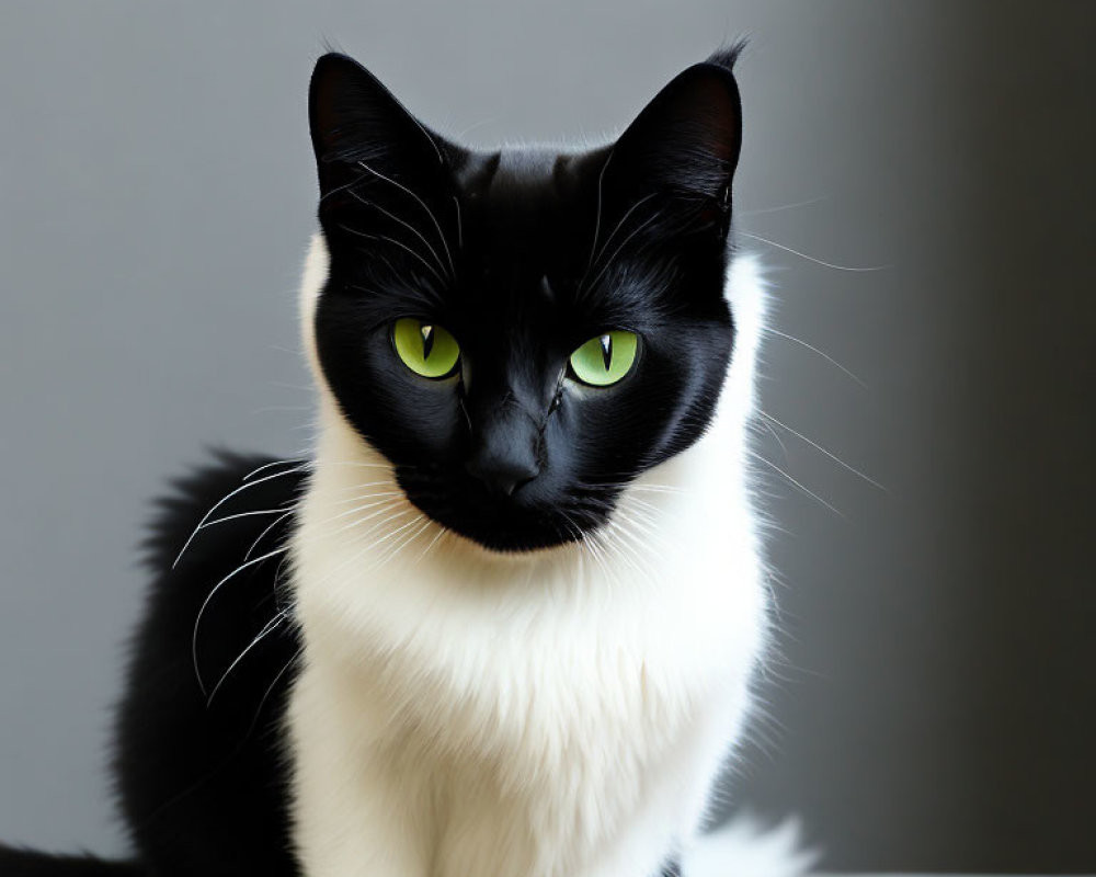 Black and white cat with green eyes on grey background